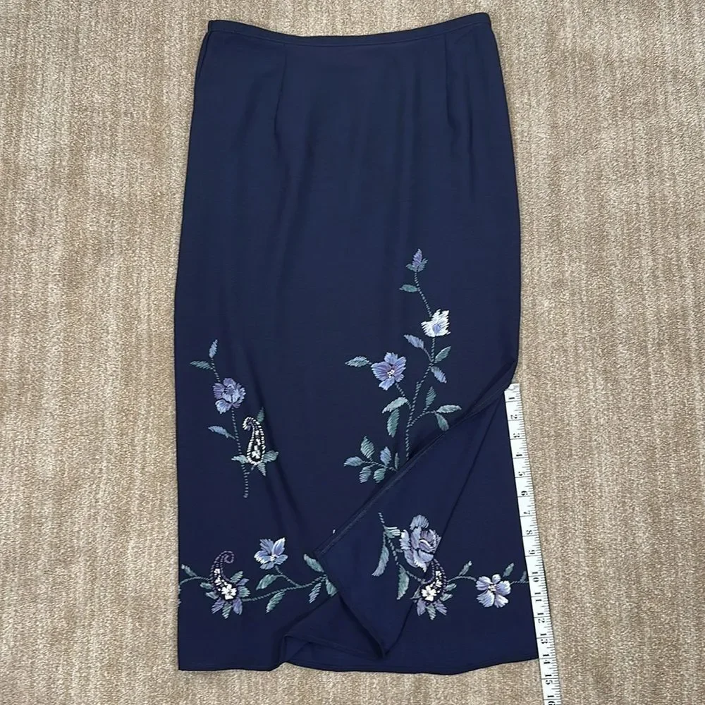 Alfred Dunner Vintage Navy Blue Floral Print Stretch Maxi Skirt Women Size 14